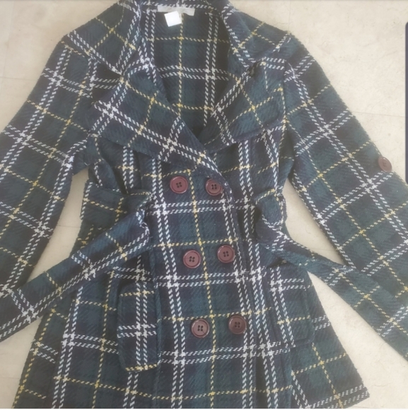 Checkered Forest Green Wool Polyester Fall Autumn Waist Tie Pea Coat Jacket - Picture 3 of 6